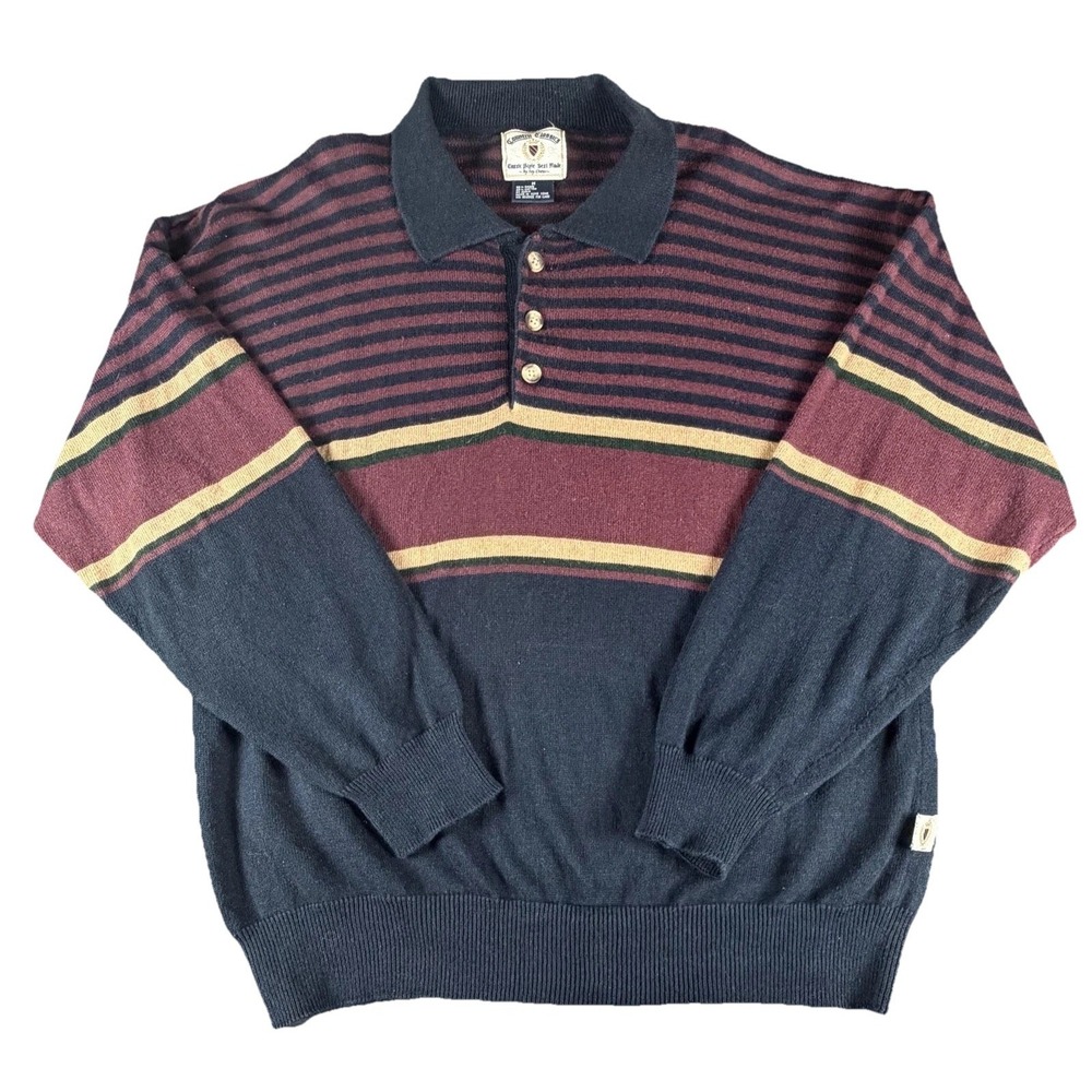Vintage Country Classics Sweater Mens Medium Blue Stripe Collared Knit Pullover